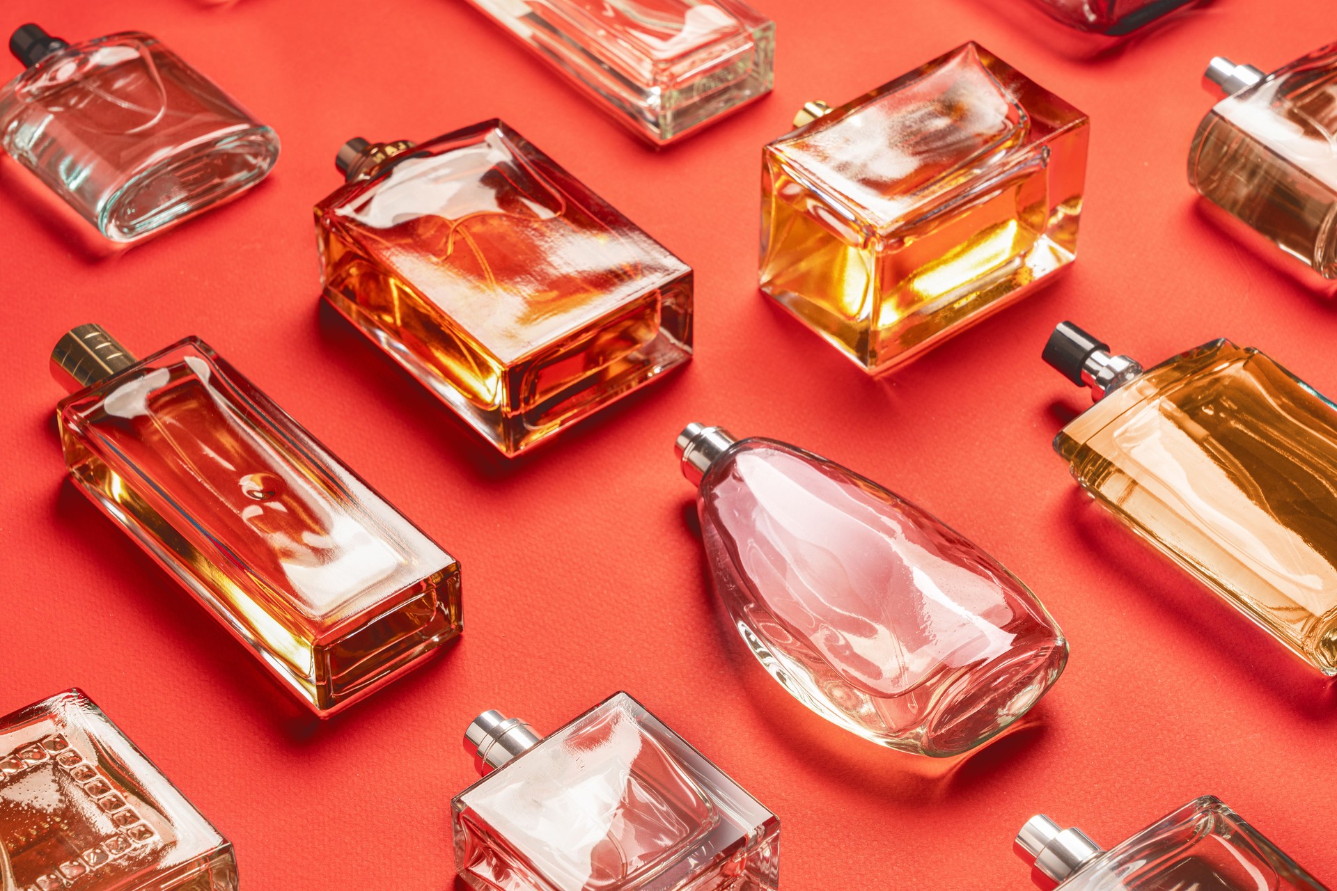 Display showcases various elegant perfume bottles arranged on a striking red background. Each bottle reflects light beautifully, highlighting its unique design and color. The diverse shapes and sizes